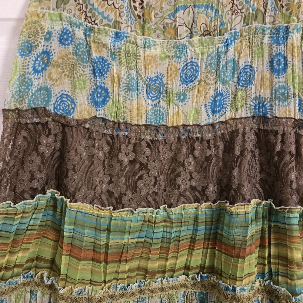 Elementz blue and green print patchwork tiered sk… - image 2